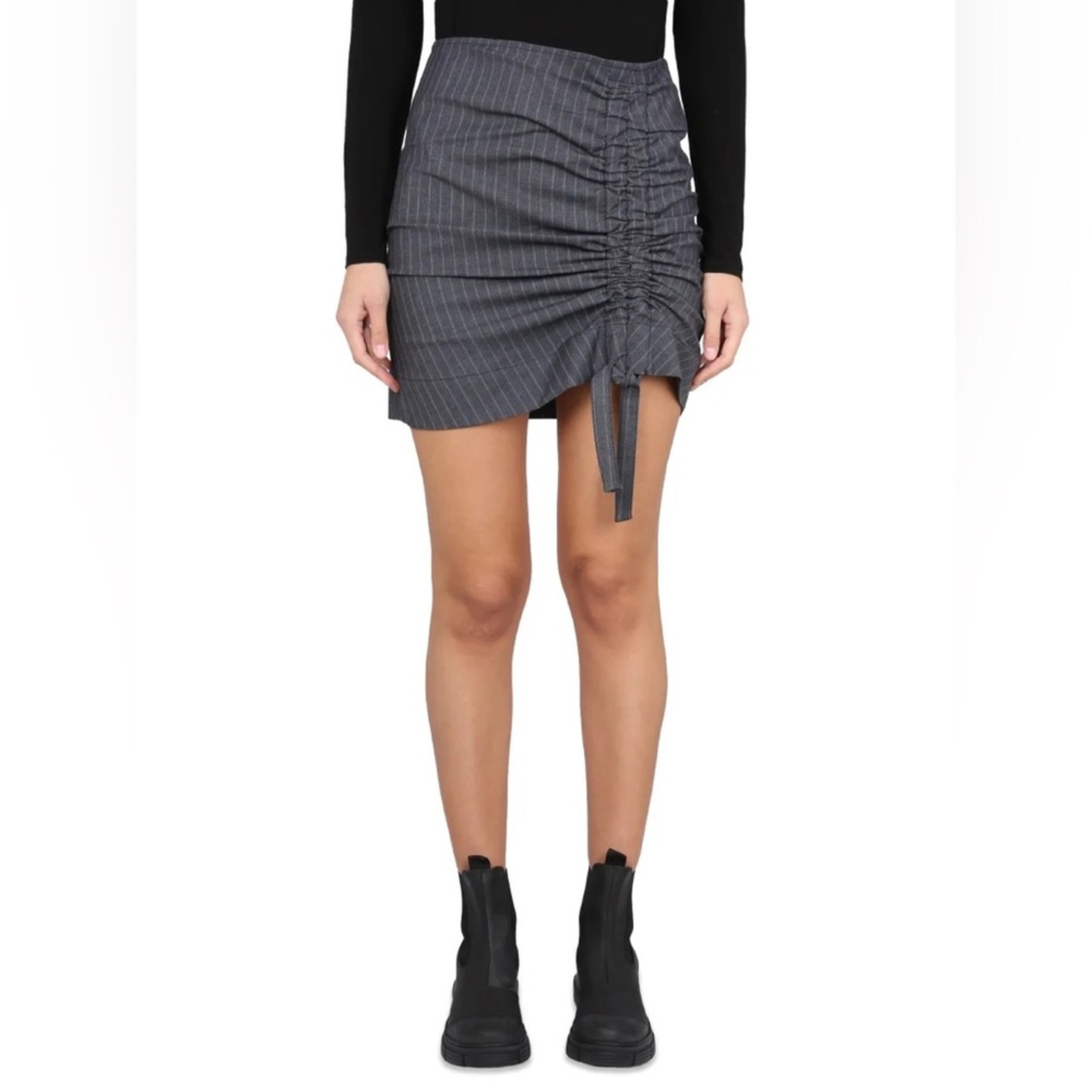 Ganni Ruched Front Pinstriped Print Grey Mini Skirt Size Dk 36 Us 6